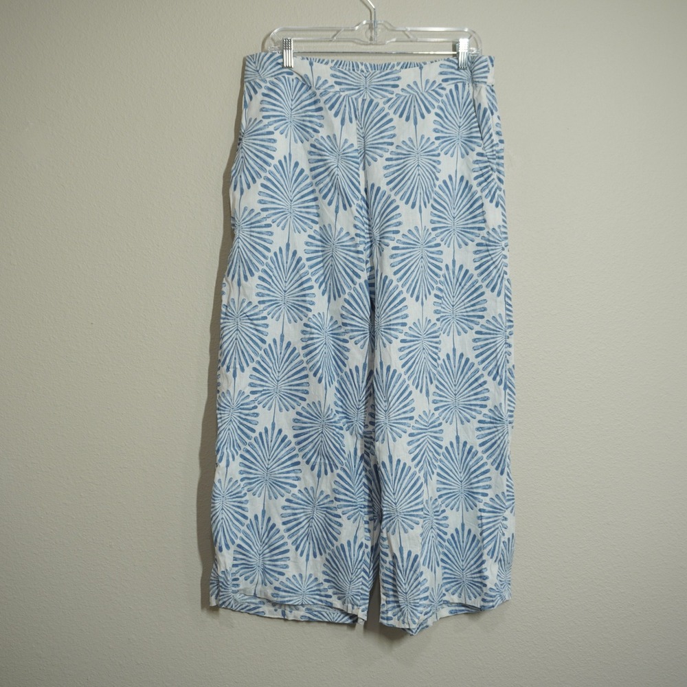 Joie Size XL Blue White 100% Linen Palm Print Wide Leg Cropped Pants Resort Soft